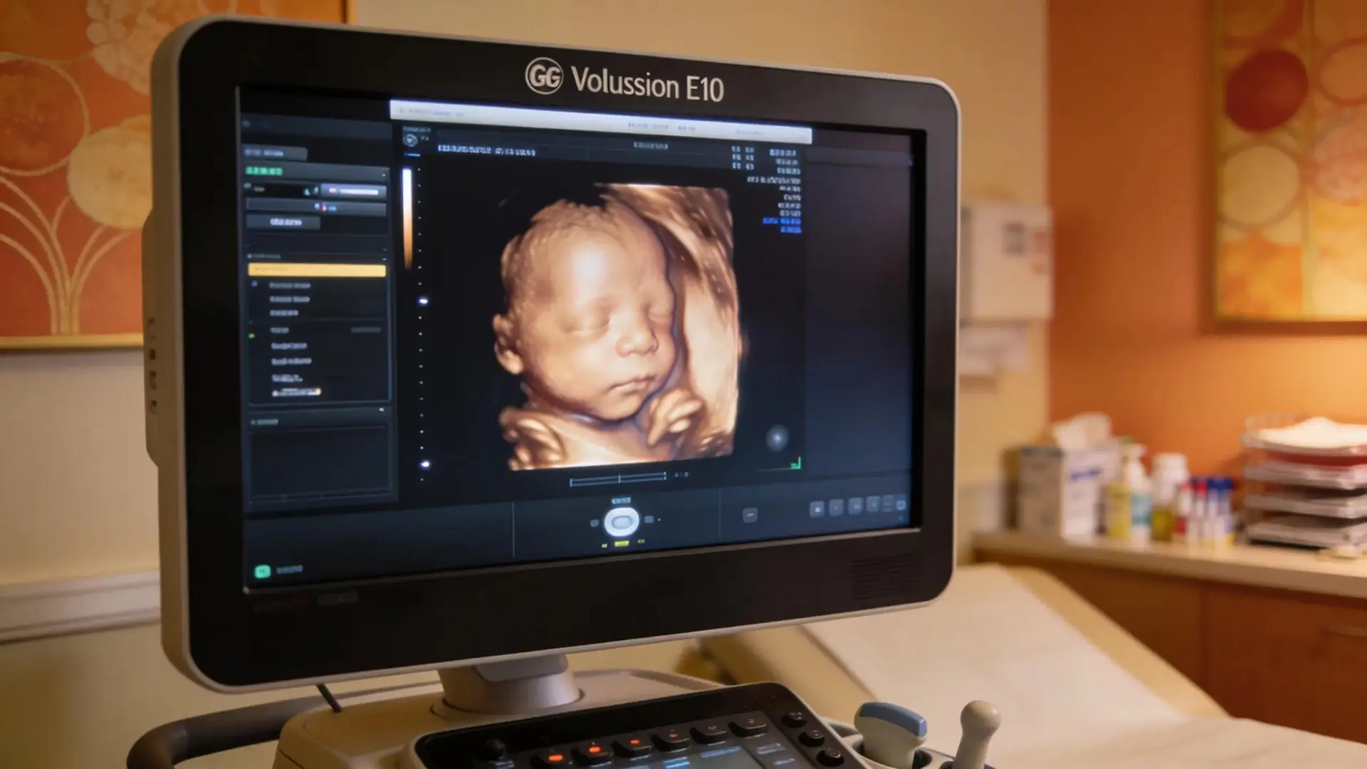 Detailed view of GE Voluson E10 ultrasound machine displaying high-definition fetal image